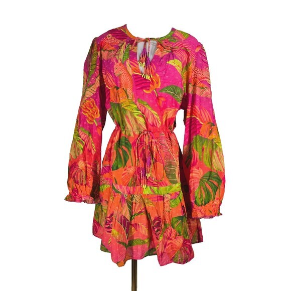 Farm‎ Rio Colorful Tropical Mini Dress Long Sleeve Resort Wear XL - Picture 1 of 8